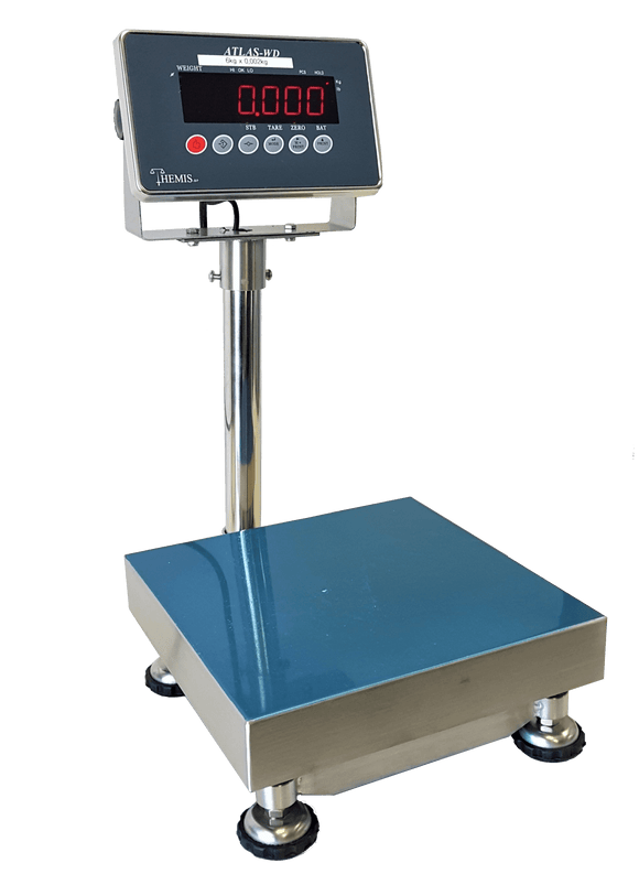 Themis Atlas WD Washdown Stainless Steel Bench Scale with indicator and blue protecting cover on platter