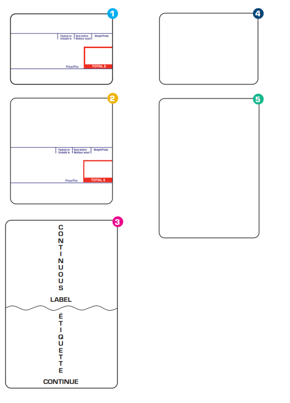 Various sizes of retail scale labels with 5 different options