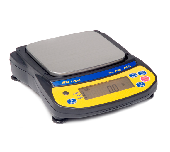 A&D EJ Newton Compact Precision Scale with yellow display pad and blue buttons