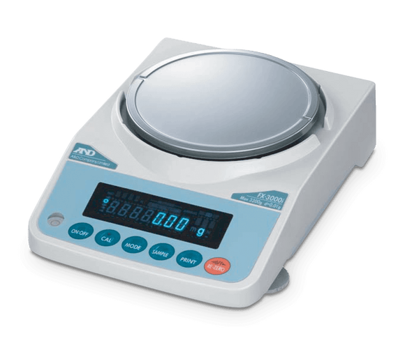 A&D analytical balance, white and aqua, vacuum fluorescent display